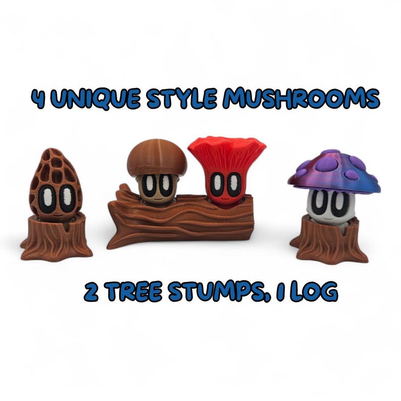 May include: Four unique style mushroom figurines, each with a distinct design and color scheme. The mushrooms are set on two tree stumps and a log. The text above reads "4 UNIQUE STYLE MUSHROOMS" and below reads "2 TREE STUMPS, 1 LOG".