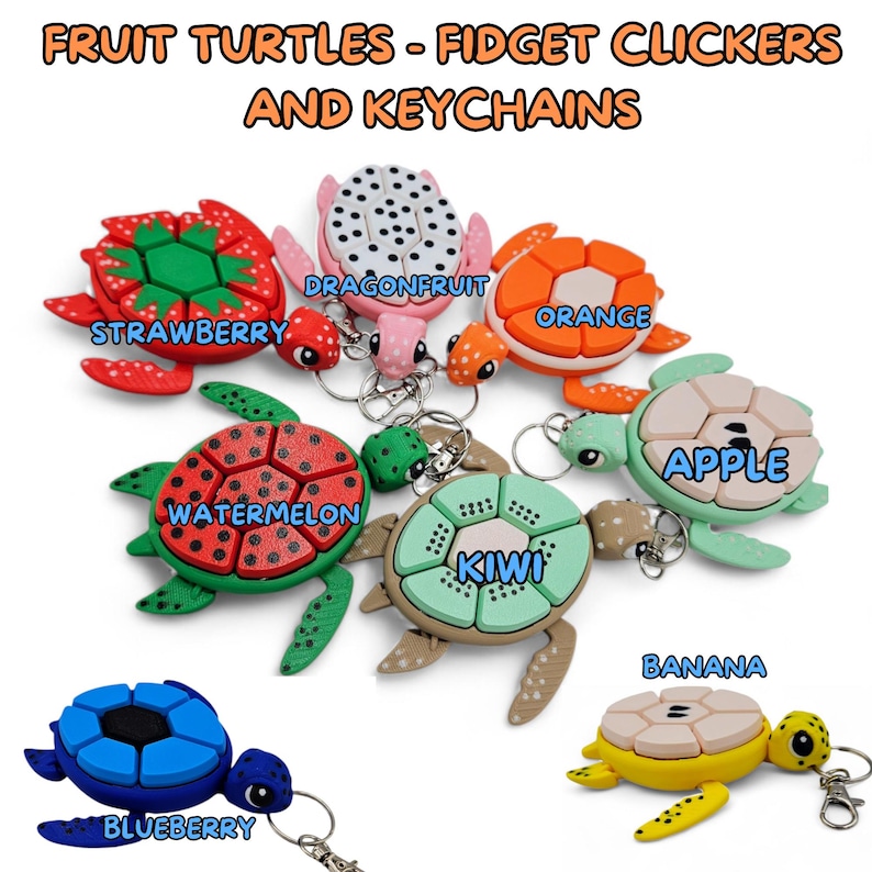 May include: A set of ten colorful fruit-shaped turtle keychains. Each turtle has a different fruit design, including strawberry, dragonfruit, orange, watermelon, kiwi, apple, banana, and blueberry. The turtles are made of plastic and have a clicker function.