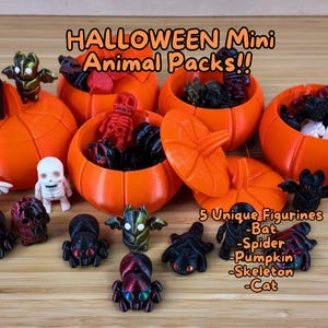 May include: Five orange pumpkin-shaped containers with lids, each filled with small Halloween-themed figurines. The figurines include a bat, spider, pumpkin, skeleton, and cat. The text "HALLOWEEN Mini Animal Packs!!" is written above the containers.