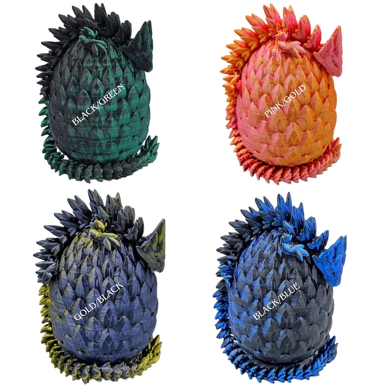 May include: Four dragon egg-shaped ornaments with different color combinations. The first is black and green, the second is pink and gold, the third is gold and black, and the fourth is black and blue.