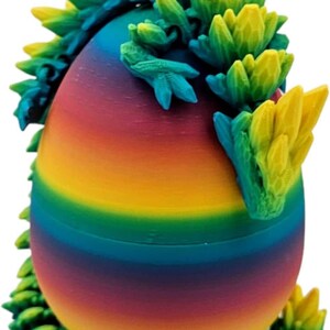 May include: A rainbow-coloured egg with a green and yellow dragon curled around it. The dragon has a spiky back and a curled tail.