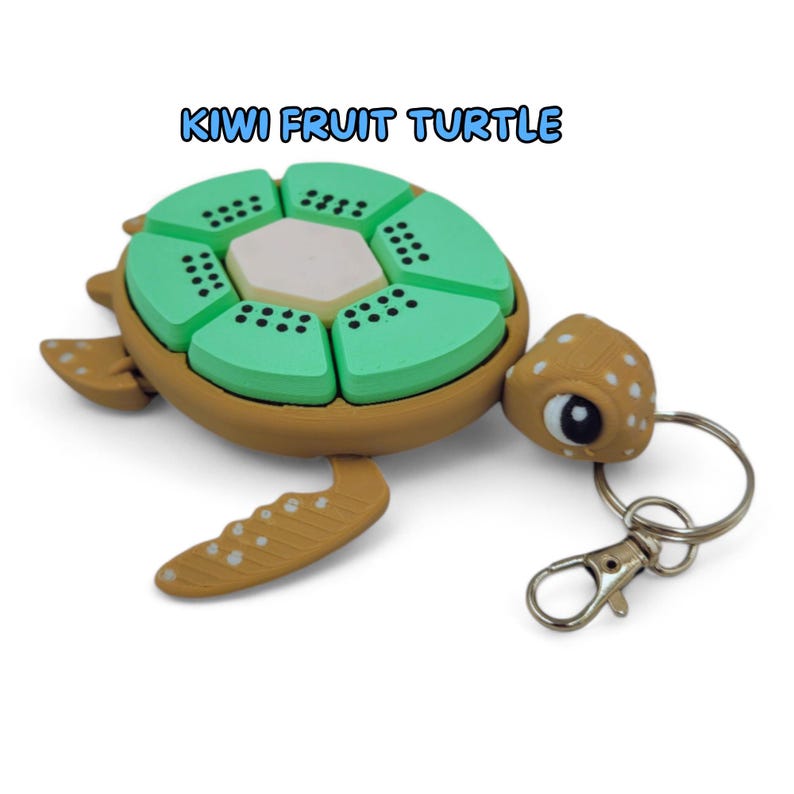 May include: A brown turtle keychain with a green kiwi fruit shell. The turtle has a white and black eye and a small brown head. The keychain has a silver metal ring.