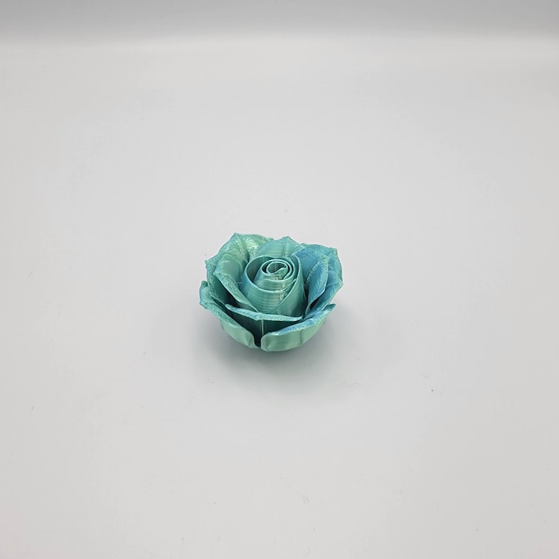 May include: A single, teal-colored rose with a gradient effect, transitioning from a lighter green to a deeper blue. The rose is in full bloom, with detailed petals and a realistic appearance. The flower is set against a plain white background.