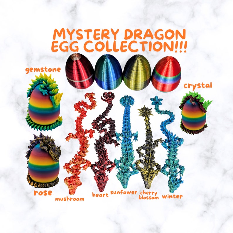 May include: A collection of colorful dragon eggs with a rainbow, red, blue, and green color scheme. The eggs are arranged in a row with the text "MYSTERY DRAGON EGG COLLECTION!!!" above them. The text "gemstone" is to the left of the eggs and the text "crystal" is to the right of the eggs. Below the eggs are the names of the different dragon eggs: "rose", "mushroom", "heart", "sunflower", "cherry blossom", and "winter".