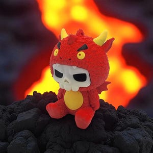 Puede incluir: Un juguete de peluche rojo con disfraz de diablo, cuernos amarillos y m&aacute;scara de calavera. Tiene un c&iacute;rculo amarillo en el pecho y est&aacute; sentado sobre una superficie oscura y texturizada, con un fondo de fuego.