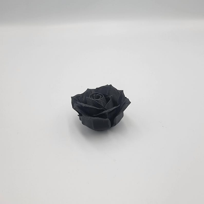 May include: A single, fully bloomed black rose, centered against a white background. The rose's petals are intricately detailed, showcasing a realistic floral design. The dark color of the rose provides a striking contrast against the bright backdrop.