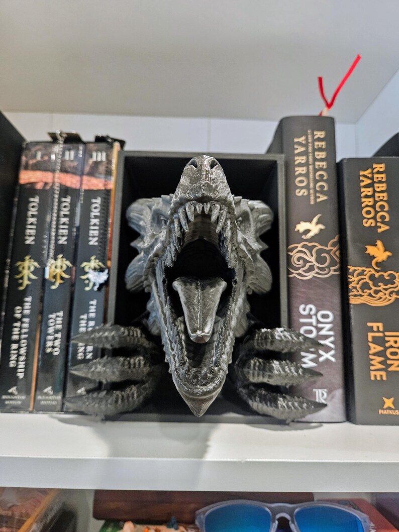 Pode incluir: Uma estante cinzenta em forma de drag&atilde;o com a boca aberta. A estante cont&eacute;m livros, incluindo t&iacute;tulos de Tolkien e Rebecca Yarros. A boca do drag&atilde;o est&aacute; aberta, revelando dentes e uma l&iacute;ngua.