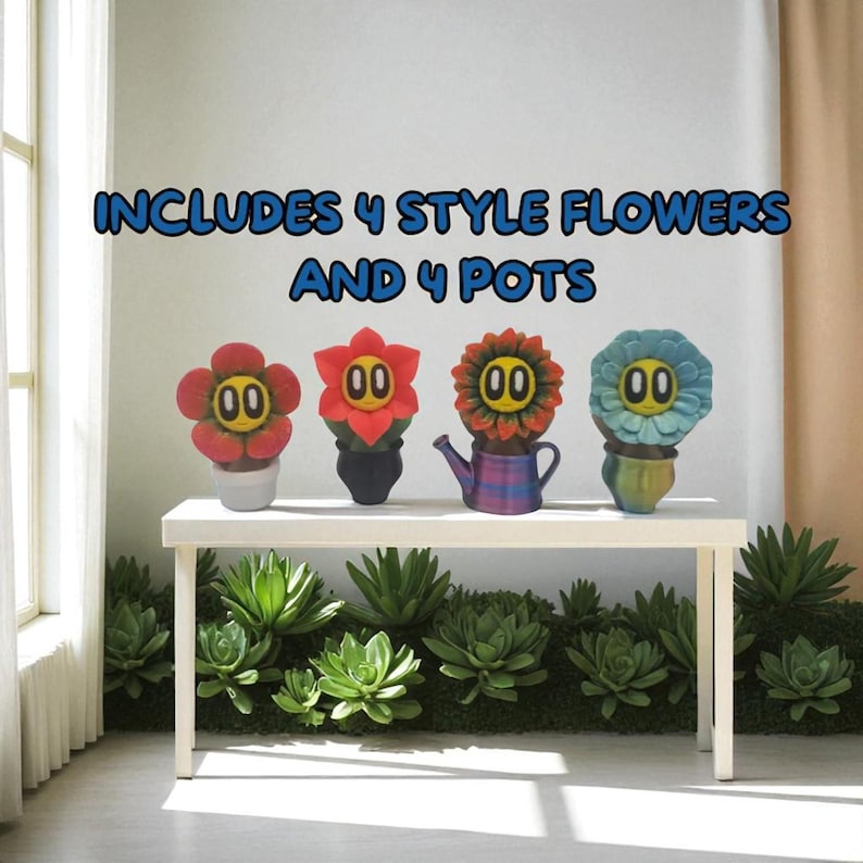 May include: Four colorful flower pots with unique designs, including red, orange, and blue flowers, are displayed on a white table. The text above reads "INCLUDES 4 STYLE FLOWERS AND 4 POTS". The flowers have yellow centers with the number "00".
