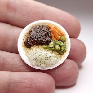 Może przedstawiać: Miniaturowy talerz z jedzeniem, w tym stek, ryż, marchewka i fasolka szparagowa. Stek jest ciemnobrązowy, marchewka pomarańczowa, a ryż biały z zielonymi ziołami. Talerz trzymany jest między palcami.