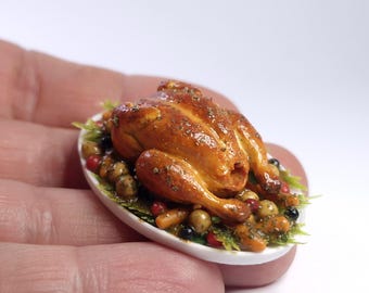 1:12 Scale Miniature Roasted Turkey and Vegetables, Festive Christmas Meal, Realistic Dollhouse Food