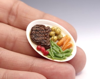 1:12 Scale Miniature Steak and Vegetable Meal, Realistic Dollhouse Food