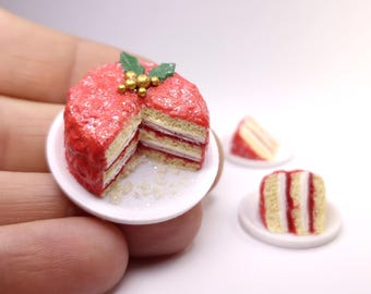 1:12 Scale Miniature Christmas Cranberry Layer Cake with Slices Set, Realistic Dollhouse Food