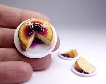 1:12 Scale, Miniature Blueberry Tea Cake with Slices Set, Realistic Dollhouse Food, Bakery