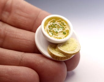 1:12 Scale Miniature Chicken Broth Soup with Buttered Bread, Realistic Dollhouse Food