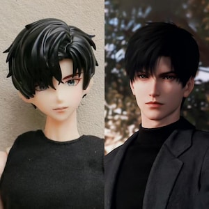 May include: Two images of a male doll with black hair and a black shirt. The doll on the left is a plastic doll with a more cartoonish style. The doll on the right is a digital rendering with a more realistic style.