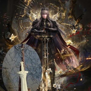Puede incluir: Ilustración digital de una figura real en negro, coronada y sosteniendo una espada. La imagen incluye un llavero de espada, sobre un fondo de luz dorada y detalles florales. Tema de fantasía, diseño detallado.