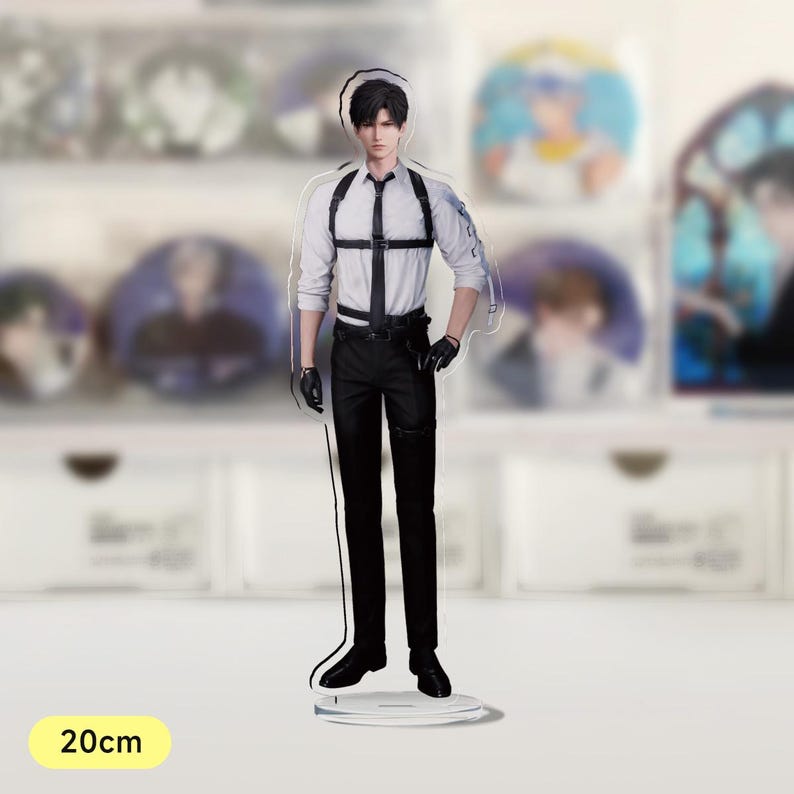 May include: A black and white anime character figurine standing on a clear acrylic base. The character is wearing a white shirt, black trousers, and a black harness. The figurine is 20 cm tall.