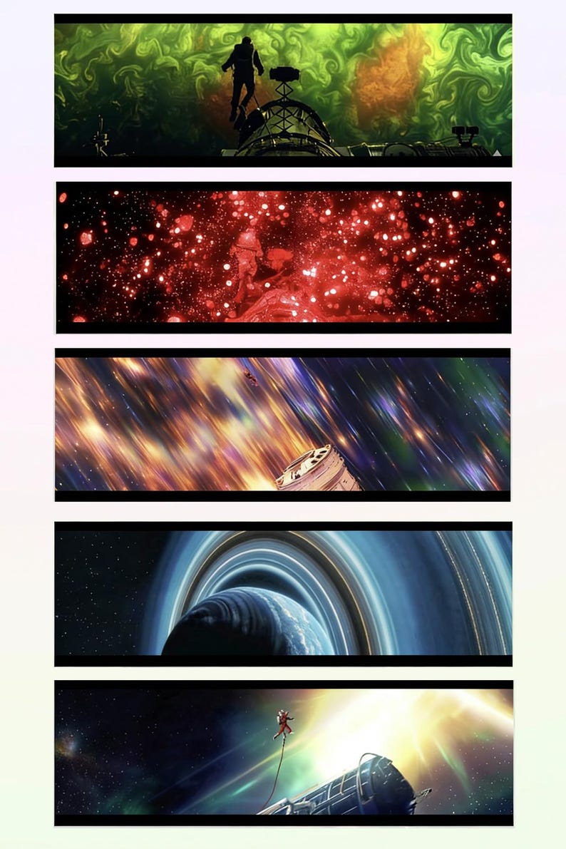 K&ouml;nnte beinhalten: Eine Reihe von f&uuml;nf vertikalen Tafeln, die Szenen der Weltraumforschung darstellen. Jede Tafel zeigt eine andere kosmische Umgebung, darunter Nebel, Sternenfelder und einen Planeten mit einem Ringsystem. In einigen Tafeln sind Silhouetten zu sehen.