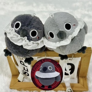 Könnte beinhalten: Zwei Plüschtiere in Grau und Schwarz mit weißen Rüschenkragen. Die Spielzeuge sitzen auf einem Holzregal mit einem Schild, auf dem "Grumpy Crow" steht.