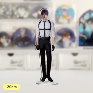 May include: A black and white anime-style character stand-up figure. The character is wearing a white shirt, black trousers, and a black harness. The figure is 20 cm tall.