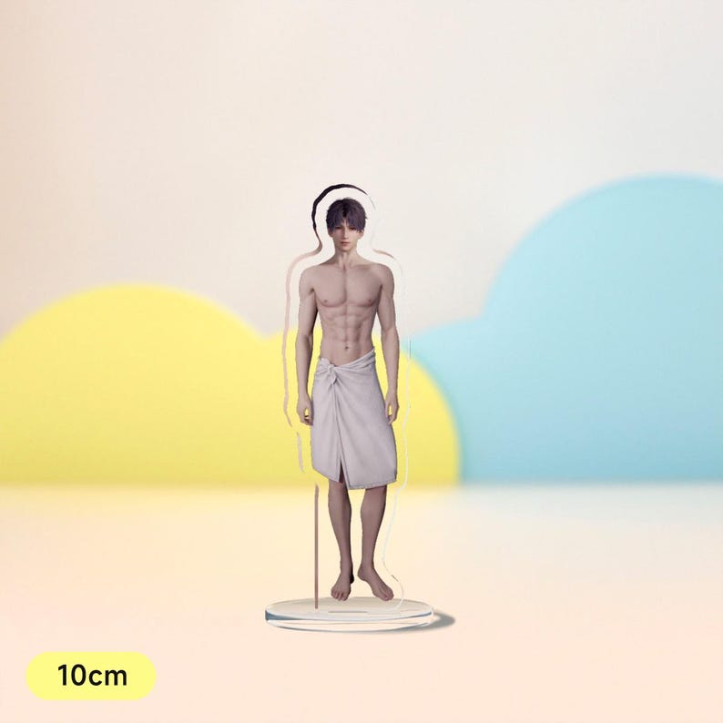 May include: A clear acrylic stand with a 10cm tall figure of a person standing with a white towel wrapped around their waist. The figure has short dark hair and a muscular build.