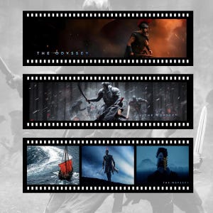 May include: A collection of film strip frames featuring scenes from The Odyssey. The images depict a warrior in a red-crested helmet, a battle scene with swords, a ship with red sails on the ocean, and a silhouette of a helmeted figure.