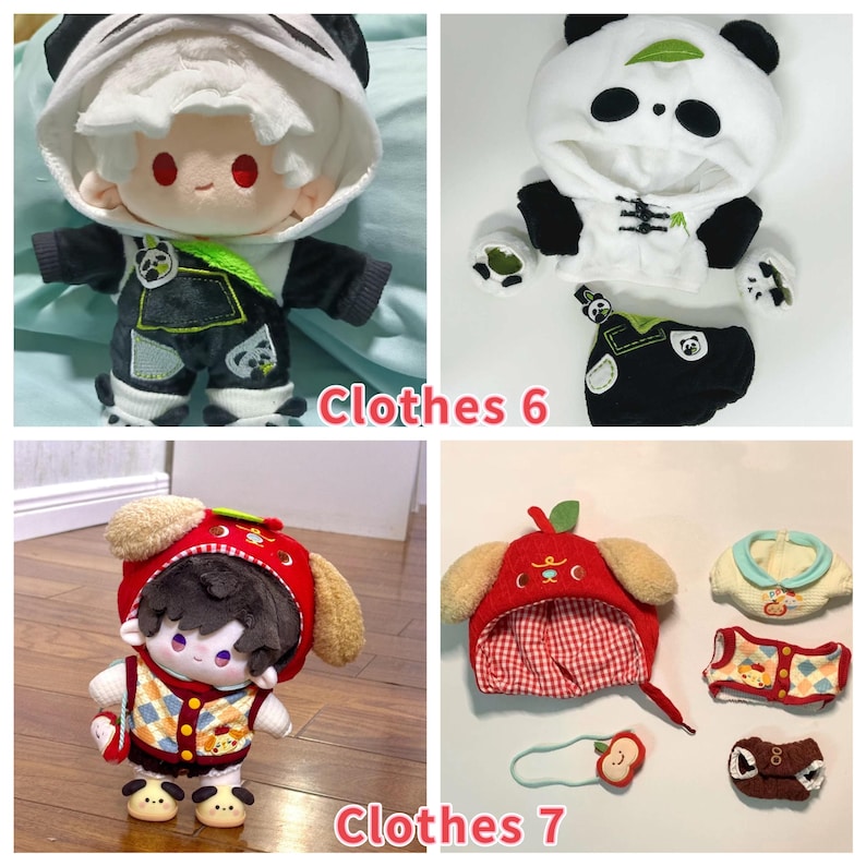 K&ouml;nnte beinhalten: Eine Sammlung von Puppenkleidung, darunter Outfits im Panda- und Hunde-Design. Das Panda-Outfit hat eine wei&szlig;e Kapuzenjacke mit schwarzen Akzenten und eine passende Hose. Das Hunde-Outfit umfasst einen roten Hut mit Schlappohren und eine Weste. Der Text "Clothes 6" und "Clothes 7" ist sichtbar.