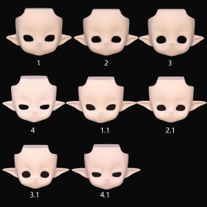 Könnte beinhalten: Eine Sammlung von neun Puppenköpfen mit elfenartigen Merkmalen. Jeder Kopf hat einen hellen Hautton, große Augenhöhlen, kleine Nasen und spitze Ohren. Die Köpfe sind mit 1 bis 4 und 1.1, 2.1, 3.1 und 4.1 nummeriert.