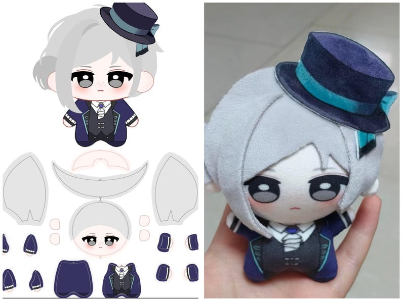 Pu&ograve; includere: Una bambola di peluche dal design a cartone animato, con capelli grigi e un abito blu scuro con cappello abbinato. La bambola ha grandi occhi espressivi e un piccolo abito dettagliato. L'immagine mostra anche i pezzi del modello della bambola.
