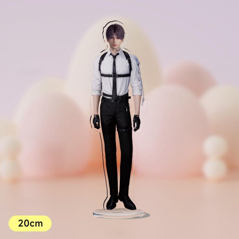 May include: A white shirt with a black harness and black trousers. The figure is standing on a clear acrylic stand. The stand is 20 cm tall.