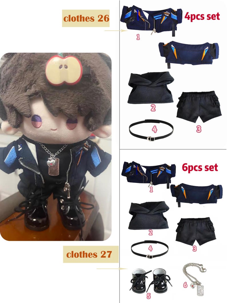 K&ouml;nnte beinhalten: Eine Puppe in einer schwarzen Jacke mit blauen Akzenten, schwarzer Hose und schwarzen Stiefeln. Das Bild zeigt auch ein 4-teiliges und ein 6-teiliges Set Puppenkleidung, darunter Jacke, Shorts, G&uuml;rtel und Halskette.