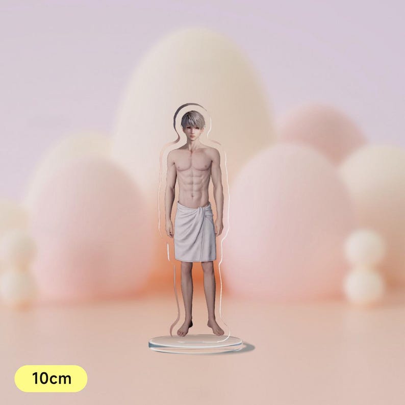 May include: A white acrylic figurine of a person with short white hair wearing a white towel. The figurine is 10 cm tall and stands on a clear acrylic base.