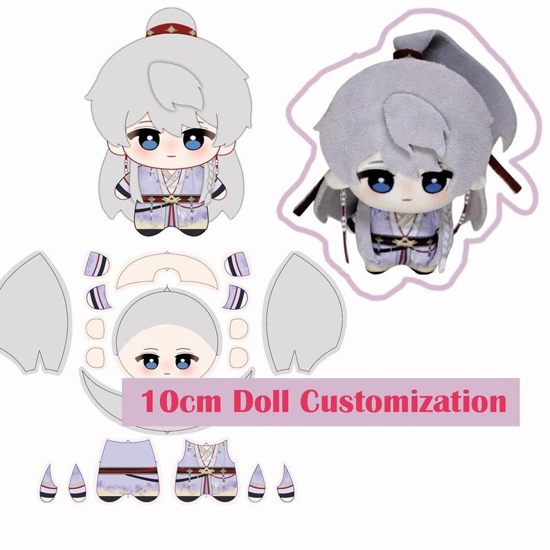 Pu&ograve; includere: Una bambola con parrucca bianca e occhi blu, che indossa un completo viola e bianco. L'immagine include una bambola, un ritaglio di bambola e il testo "10cm Doll Customization".