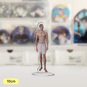 May include: A clear acrylic stand with a white towel-wrapped figure. The figure has short, silver hair and a muscular build. The stand is 10 cm tall.