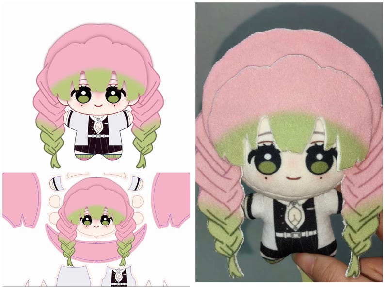 Pu&ograve; includere: Una bambola di peluche con capelli rosa e riflessi verdi, acconciati in lunghe trecce. La bambola indossa un completo bianco e nero con un colletto decorativo. I grandi occhi e l'espressione sorridente della bambola le conferiscono un aspetto carino. L'immagine mostra anche i modelli.