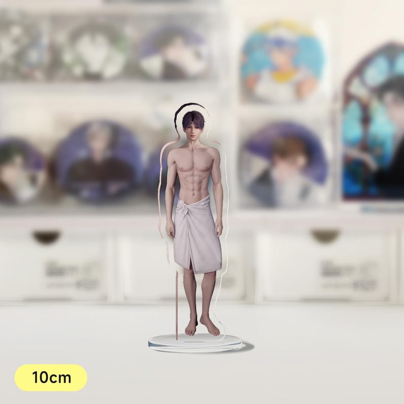 May include: A clear acrylic stand with a 10cm tall figure of a man with short purple hair. The figure is wearing a white towel wrapped around his waist. The figure has a muscular build and is standing with his feet slightly apart.
