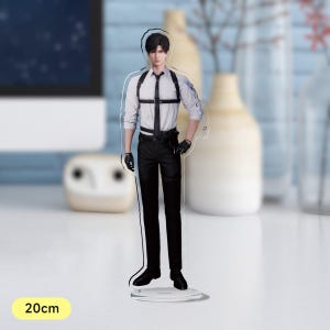 May include: A black and white anime-style character figurine standing on a clear acrylic base. The character is wearing a white shirt, black trousers, and a black harness. The figurine is 20 cm tall.
