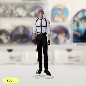May include: An anime character figurine in white and black, standing on a clear acrylic base. The character is wearing a white shirt, black trousers, and a black harness. The figurine is 20 cm tall.