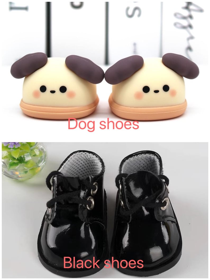 K&ouml;nnte beinhalten: Zwei Paar Hundeschuhe. Das obere Paar hat die Form eines Cartoon-Hundes mit braunen Ohren und einer pfirsichfarbenen Basis. Das untere Paar ist schwarz, gl&auml;nzend und hat Schn&uuml;rsenkel. Der Text "Dog shoes" und "Black shoes" ist sichtbar.