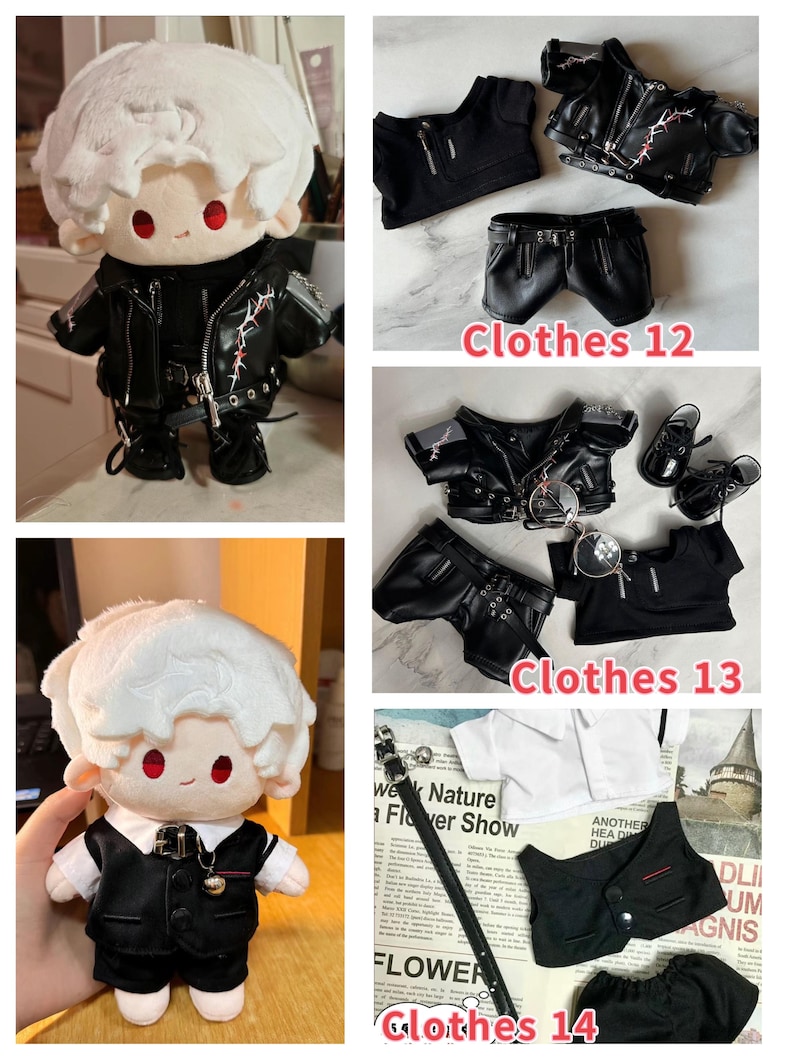 K&ouml;nnte beinhalten: Eine Pl&uuml;schpuppe mit wei&szlig;en Haaren und roten Augen, die eine schwarze Lederjacke und Hose tr&auml;gt. Das Bild zeigt auch Sets von Puppenkleidung: schwarze Lederjacken, Hosen, ein wei&szlig;es Hemd und eine schwarze Weste. Der Text "Clothes 12", "Clothes 13" und "Clothes 14" sind sichtbar.
