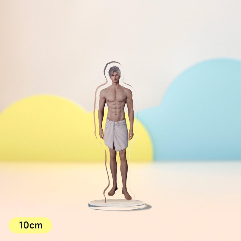 May include: A clear acrylic stand with a white towel-wrapped figure. The figure has a muscular build and short, silver hair. The stand is 10cm tall.