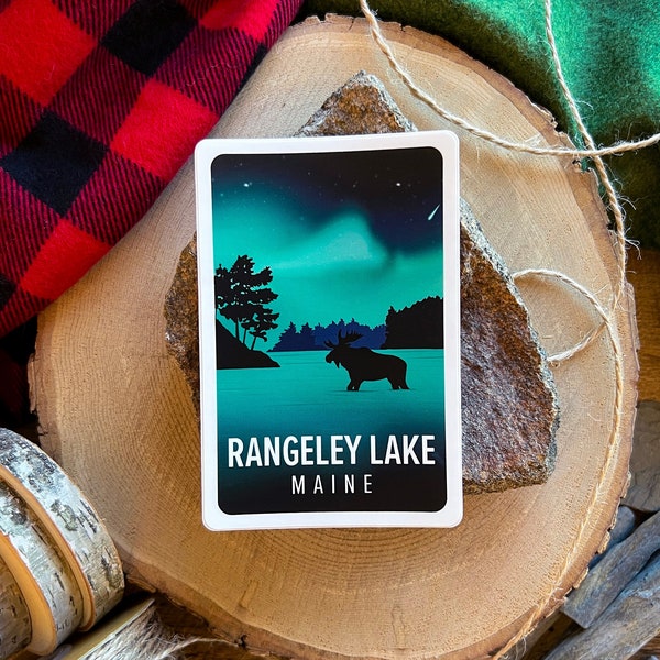 Rangeley Lake Maine Vinyl Sticker - Northern Lights with Moose