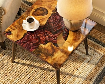 Live Edge Walnut Coffee Table with Epoxy Resin River Unique Side Table for Living Room