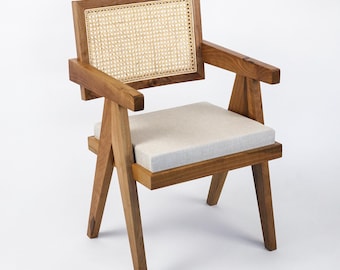 Rattan Dining Chair, Pierre Jeanneret Wooden Chair, Office Rattan