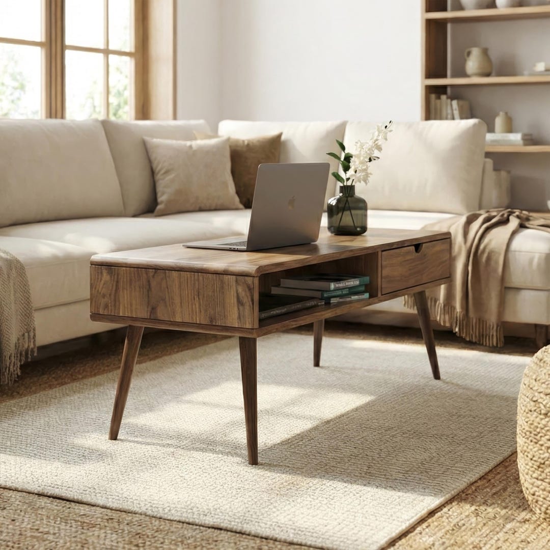 Walnut Coffee Table With Storage Mid Century Modern Living Room ...