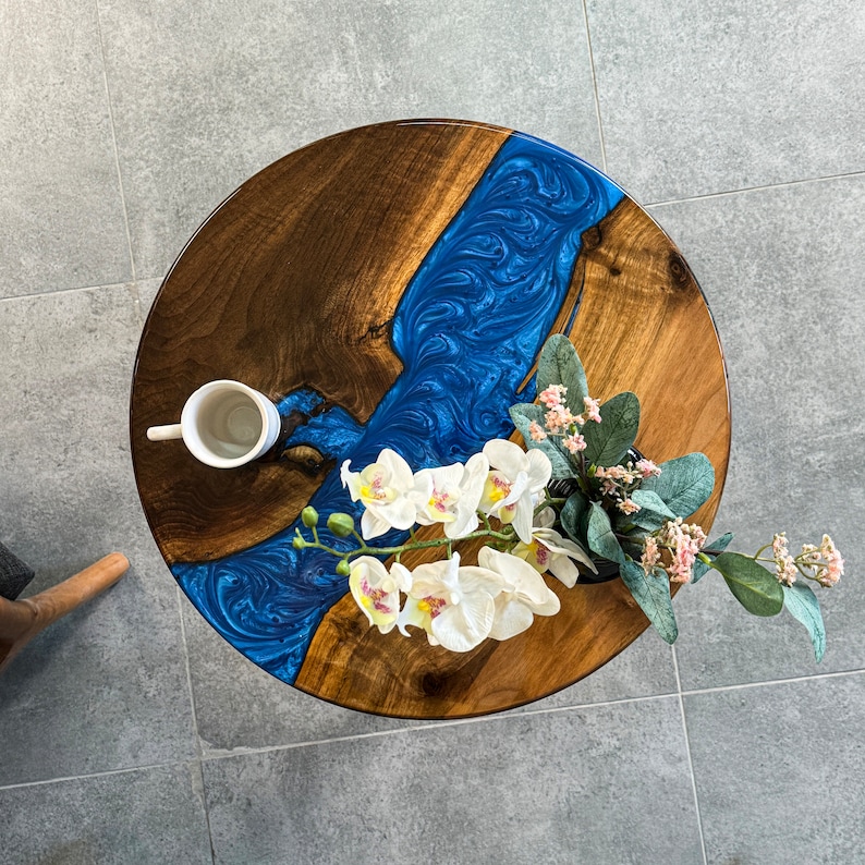 Epoxy Resin Round Coffee Table Live Edge Walnut Side Table Mid Century