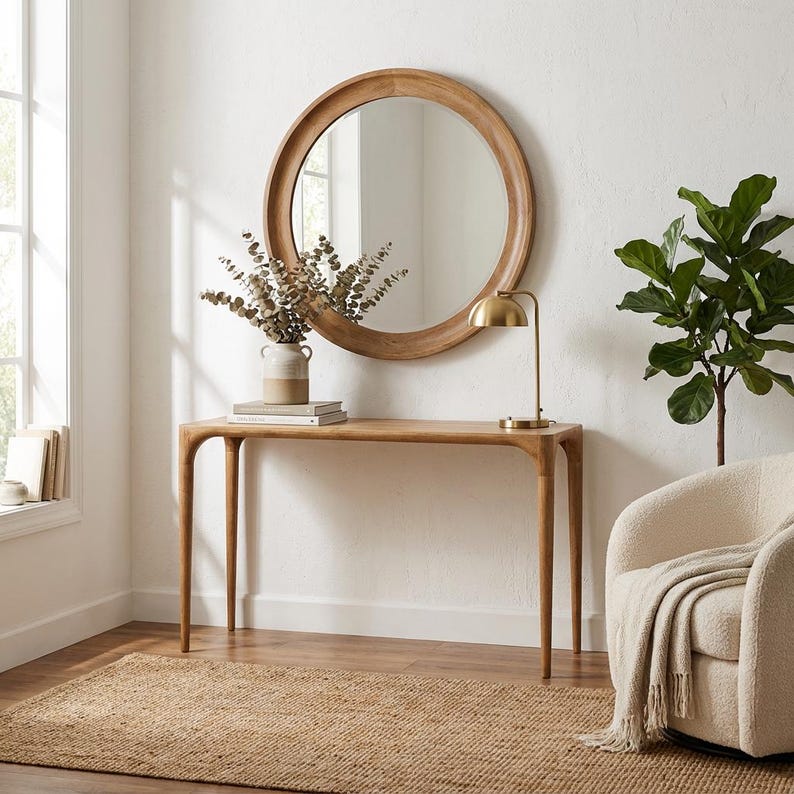 May include: A wooden console table with a round mirror, a gold desk lamp, and a vase of dried flowers. The table is made of light-colored wood and has a minimalist design. A beige rug and a white chair with a blanket complete the room.