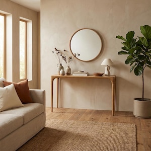 May include: A living room scene featuring a light-colored sofa with throw pillows, a wooden console table with decorative vases, a round mirror, and a potted plant. The room has a neutral color palette with natural light.