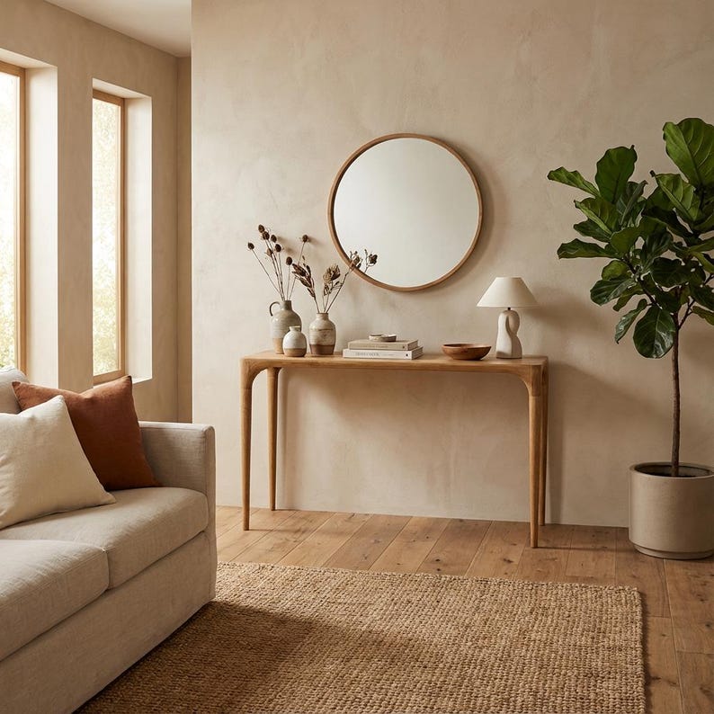 May include: A living room scene featuring a light-colored sofa with throw pillows, a wooden console table with decorative vases, a round mirror, and a potted plant. The room has a neutral color palette with natural light.