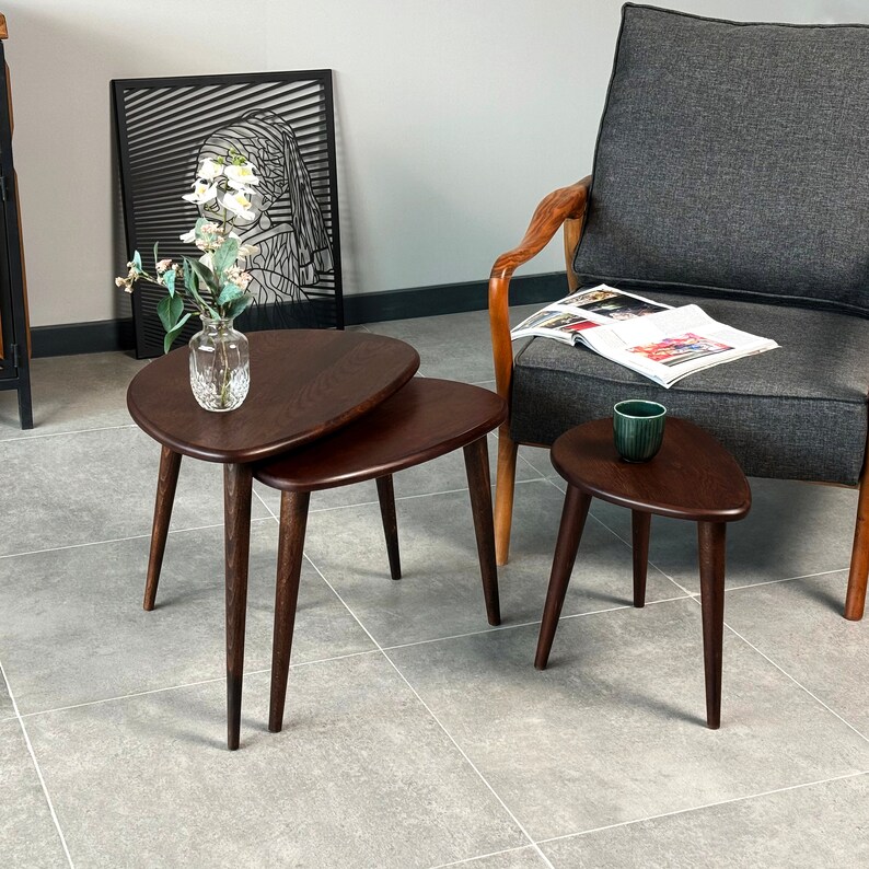 Nesting Coffee Table Set Oak Side Table Mid Century Modern Living Room ...